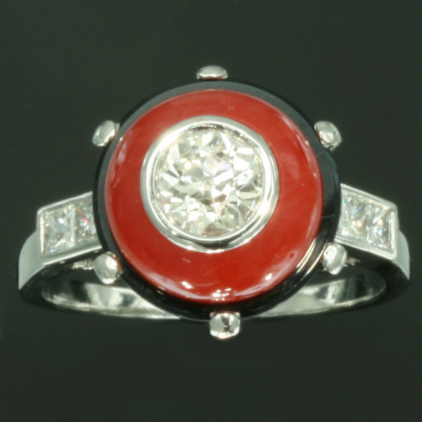 Art Deco blood coral ring diamond black onyx French jewelry